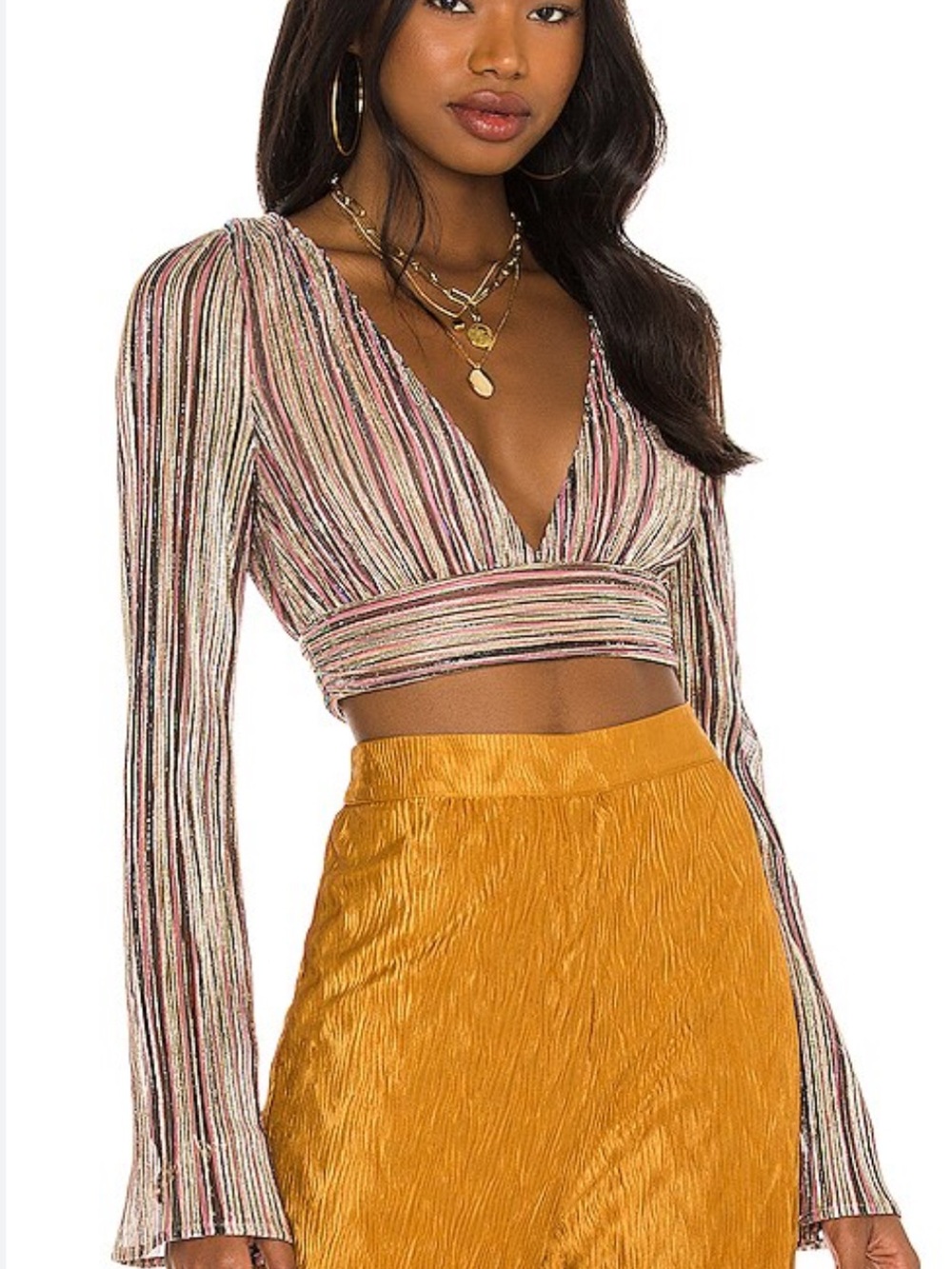 House of Harlow 1960 Multicolor Striped V-Neck Long Sleeve Crop Top